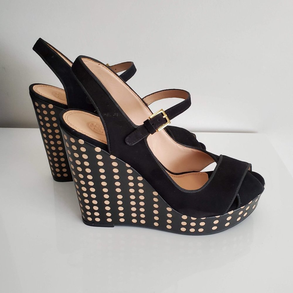 Tory Burch Ollie Suede Hole-Punch Wedge Sa…